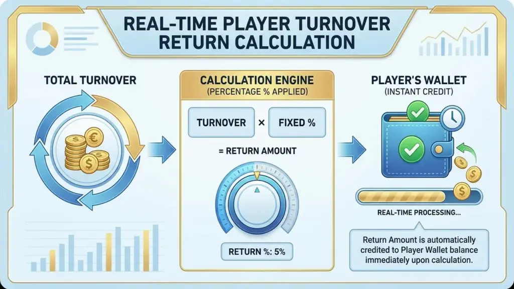 Biểu đồ minh họa cơ chế tính toán và kết toán hoàn trả tự động theo thời gian thực tại Top88