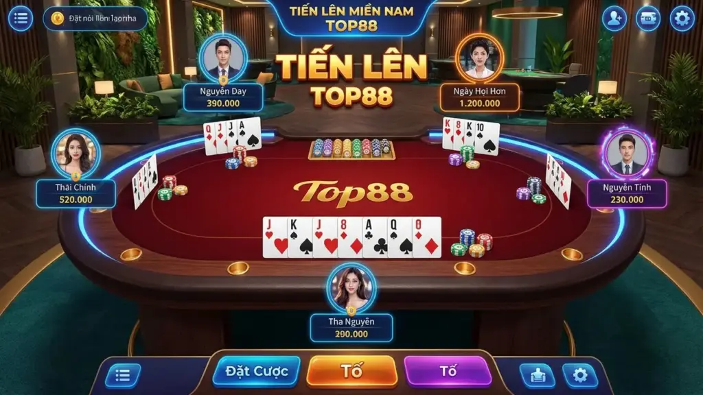 Giao diện bàn chơi Tiến lên miền Nam 3D sống động và chân thực tại Top88.