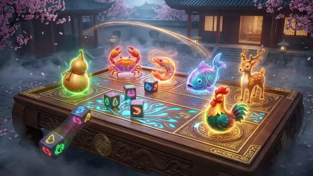 Giao diện bàn cược Bầu cua 3D sống động tại Top88 với các cửa cược linh vật.