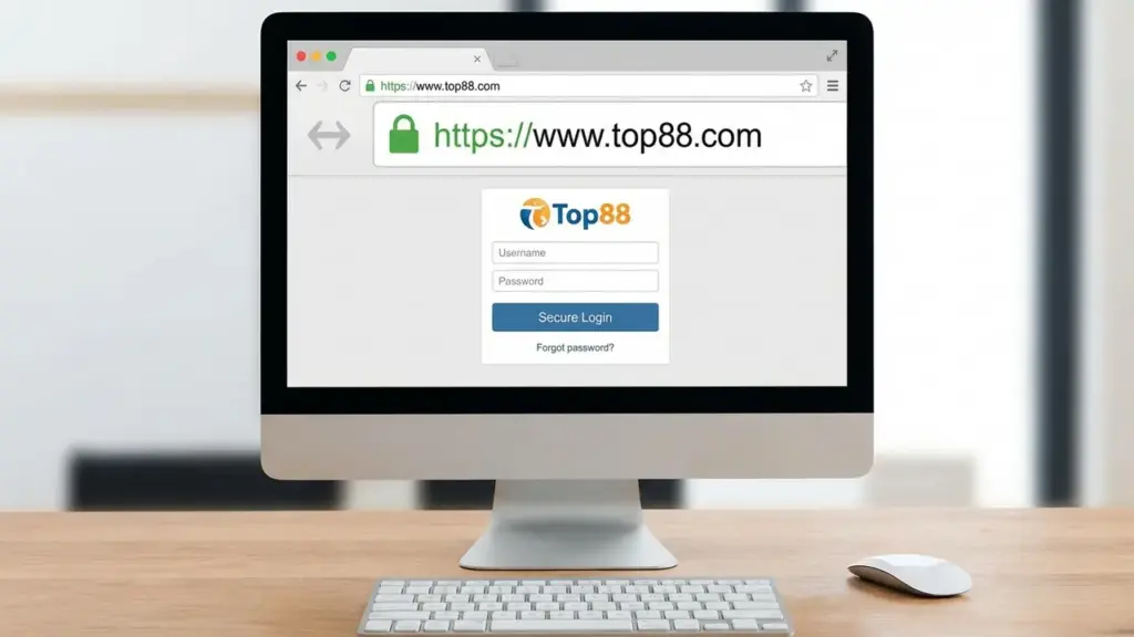 Giao diện đăng nhập Top88 trên máy tính với biểu tượng ổ khóa xanh SSL an toàn